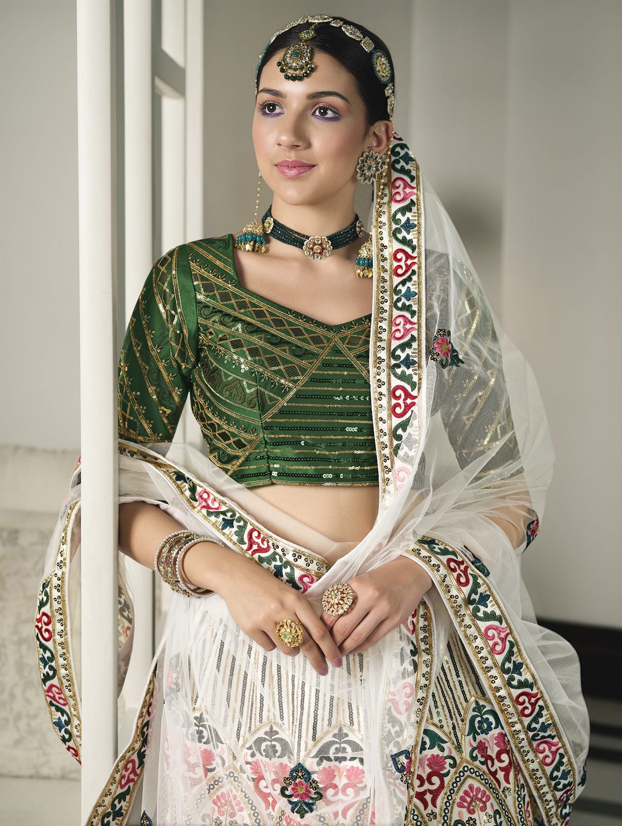 White Green Silk Gotta Patti Resham Embroidery Lehenga Choli With Net Gotta Patti Dupatta