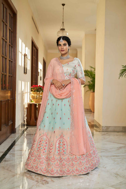 Art Silk Aari Floral Embroidery Lehenga And Blouse With Sequin Embroidery Border