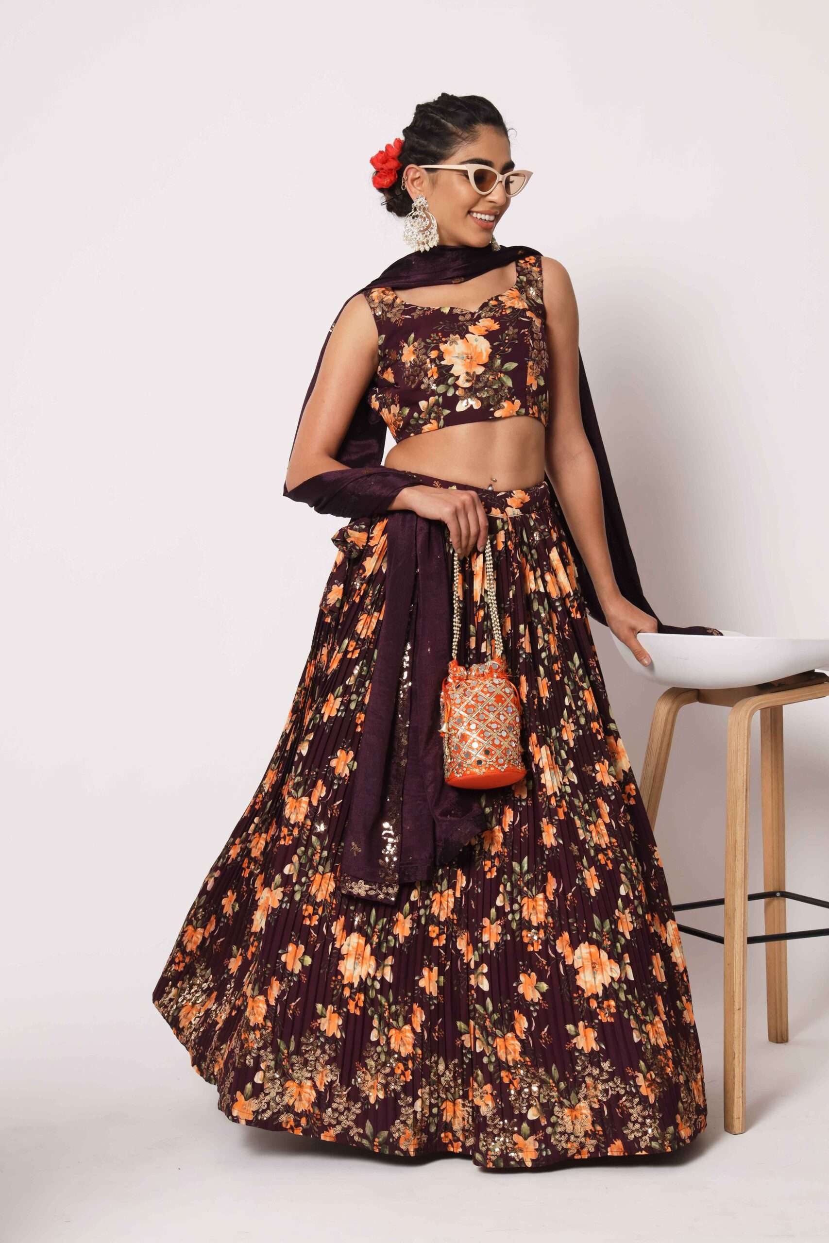 Art Silk Bustier Lehenga With Woven Bandhani Shisha Embroidery Blouse