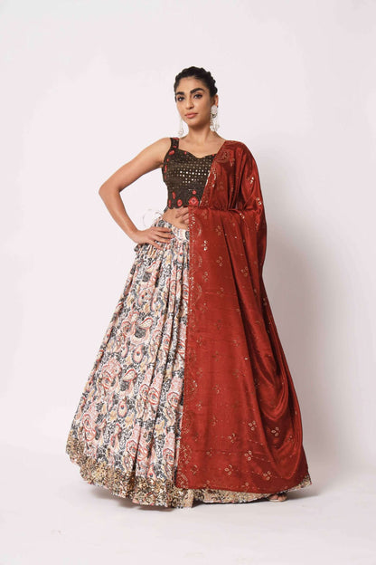 Art Silk Bustier Lehenga With Woven Bandhani Shisha Embroidery Blouse