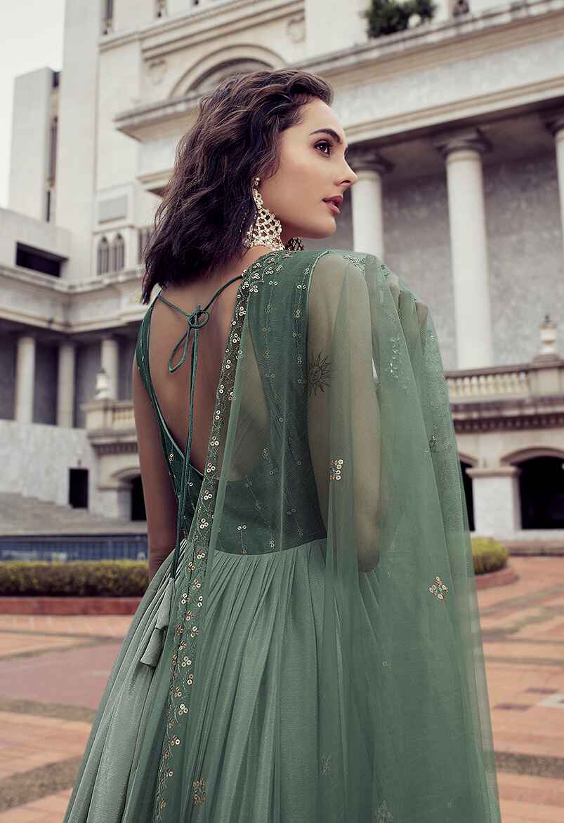 Smushed Chinon Sequence Shisha Embroidery Gown With Jhel Dupatta