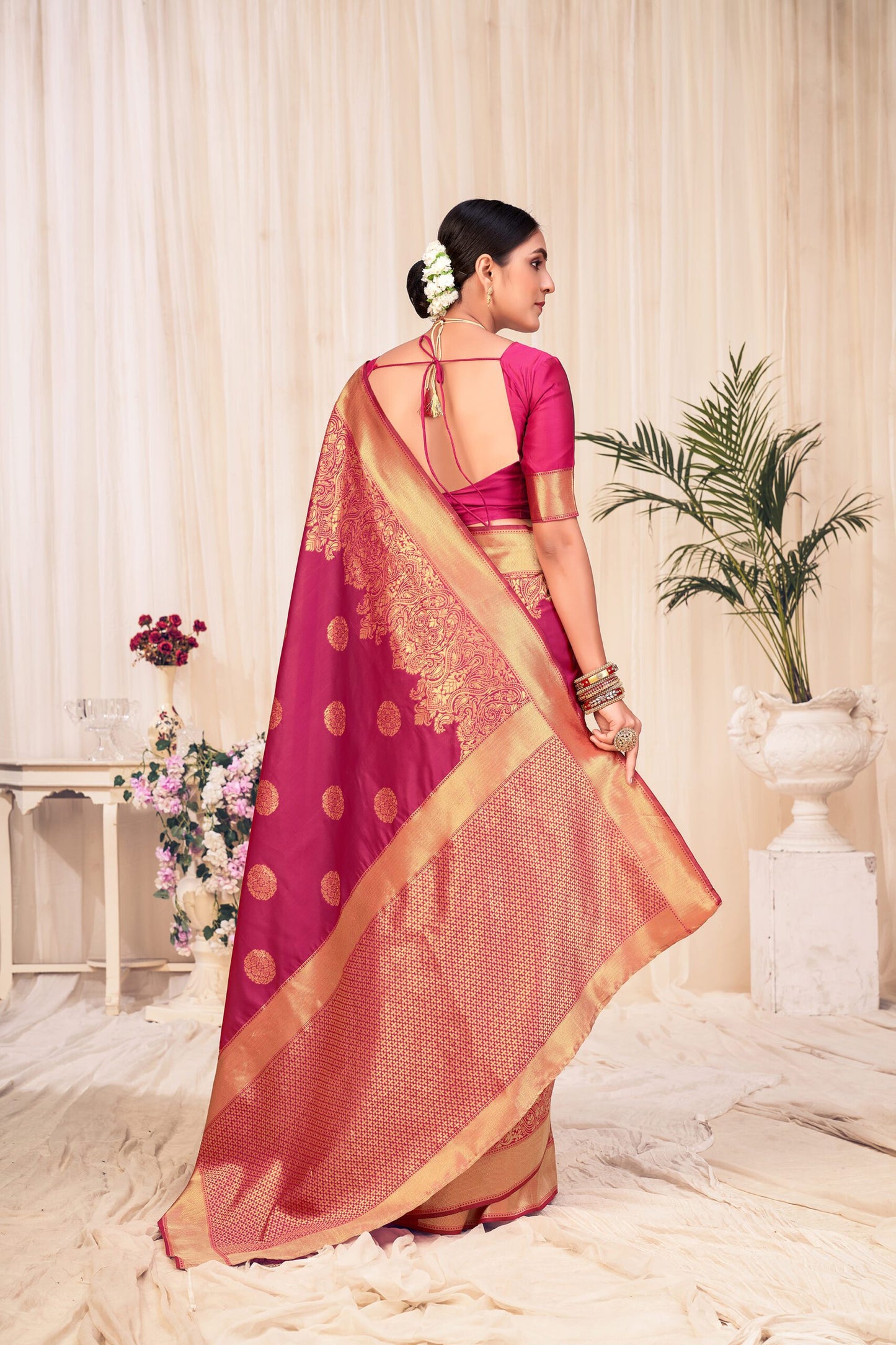 Rose Red Banarasi Weaving Silk Saree