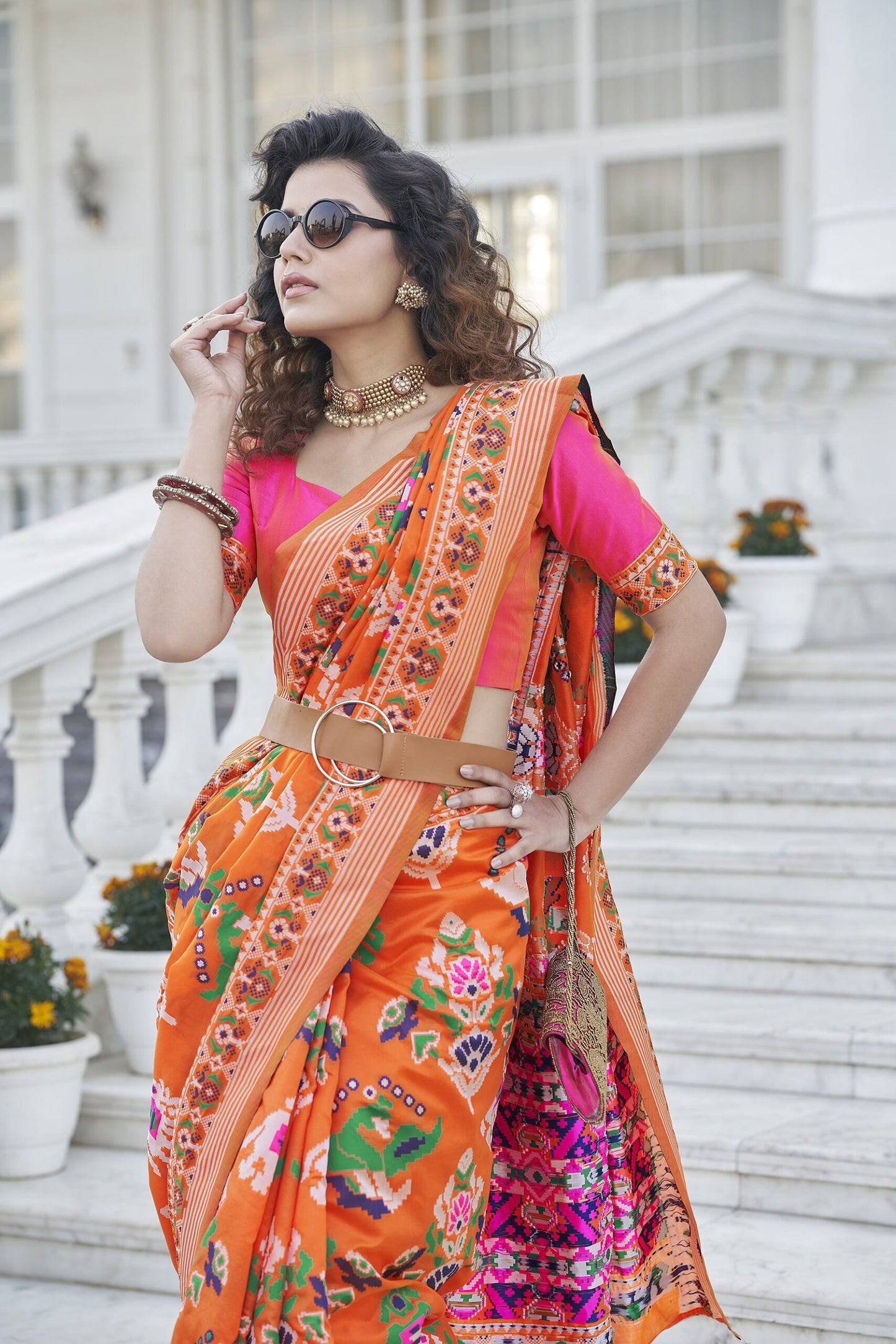 Orange Motif Weaving Silk Saree