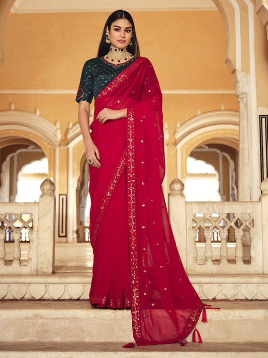 Red Chinon Bridal Shisha Embroidery Saree