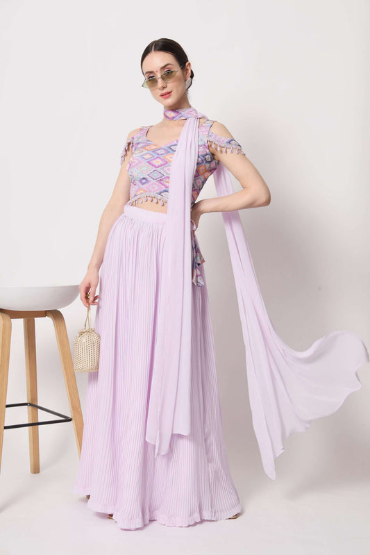Lavender Georgette Lehenga With Skirt Set