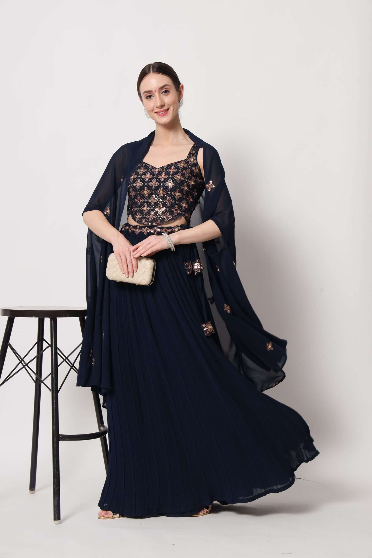 Navy Georgette Sequin Work Blouse and Skirt Set
