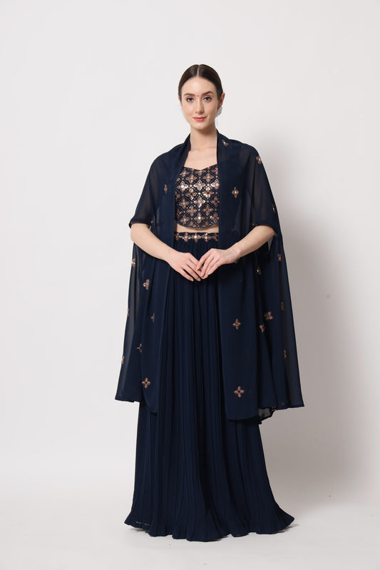Navy Georgette Sequin Work Blouse and Skirt Set
