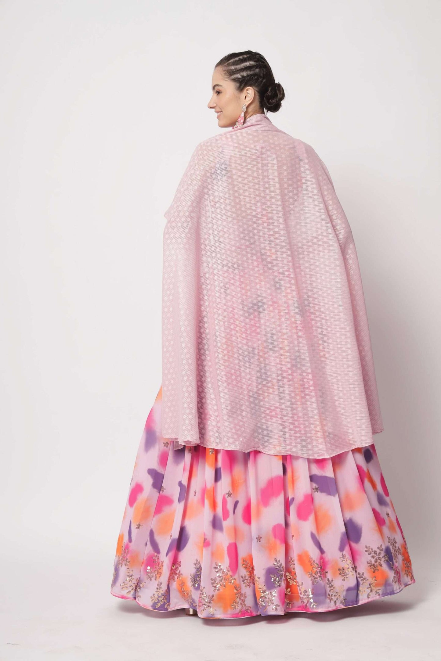 Pink Georgette Designer Floral Layered Lehenga Choli