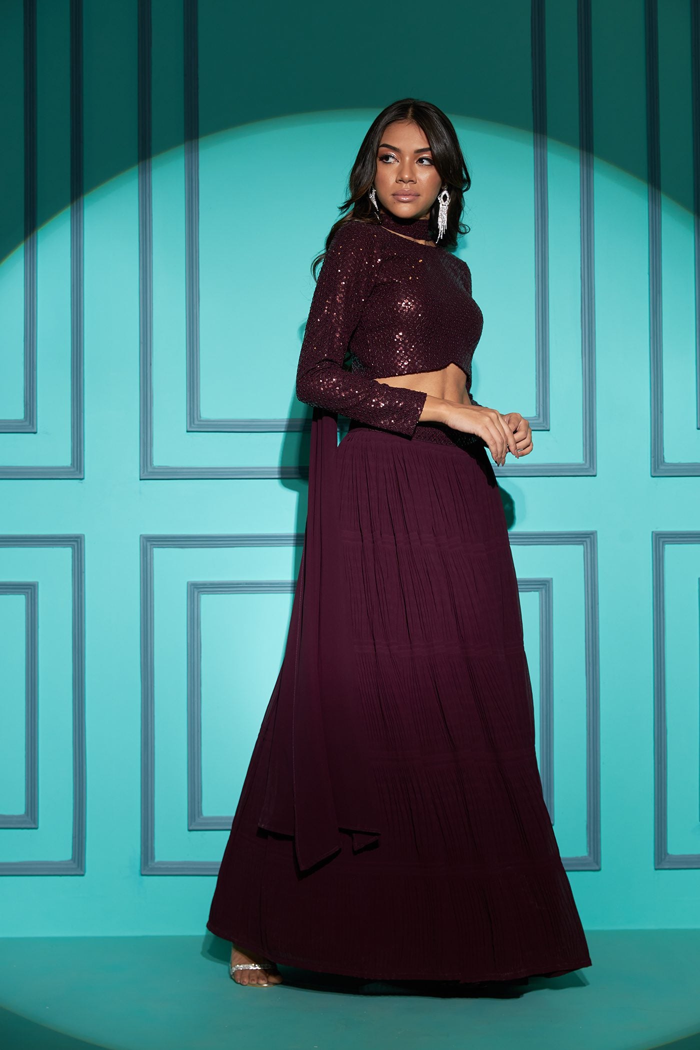Purple Georgette Designer Lehenga Choli With Full Sleeve Crop Top Blouse