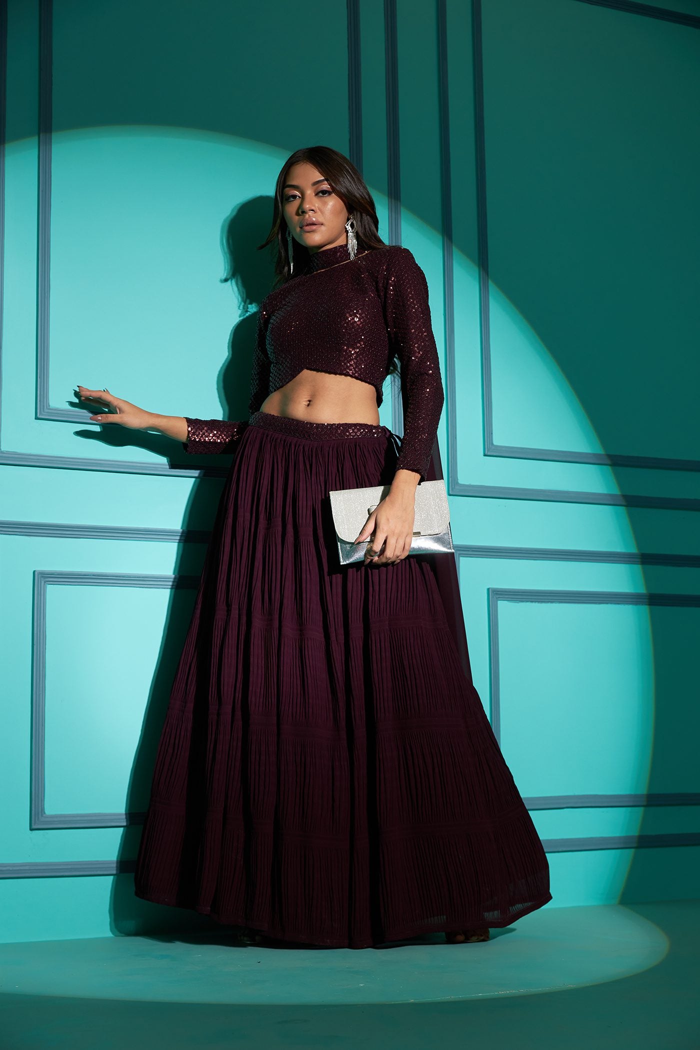 Purple Georgette Designer Lehenga Choli With Full Sleeve Crop Top Blouse