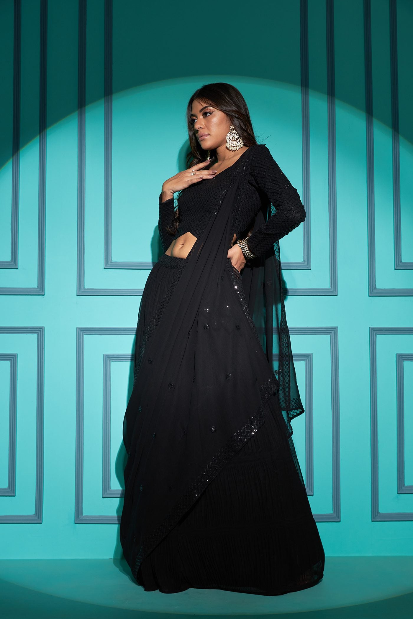 Black Designer Georgette Shimmer Sheesha Embroidery Lehenga Choli