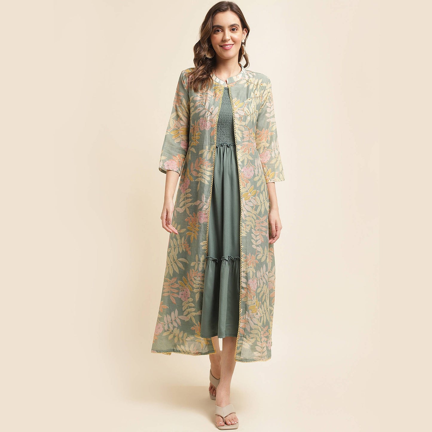 Green Cotton Solid Flared Dress