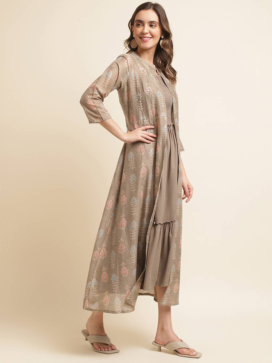 Brown Cotton Flared Dress