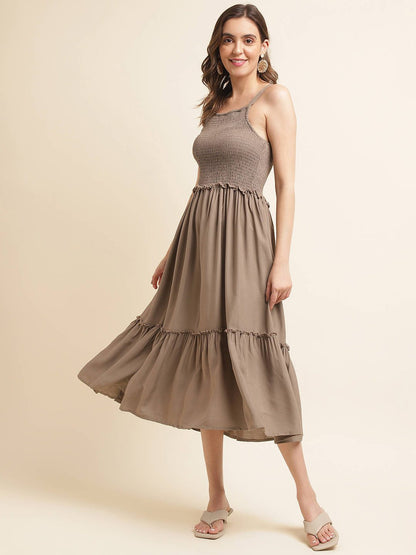 Brown Cotton Flared Dress