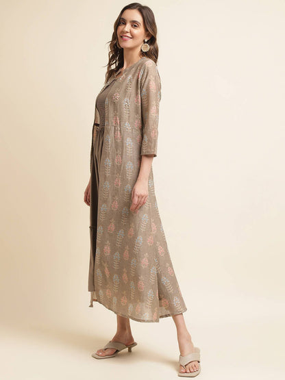 Brown Cotton Flared Dress