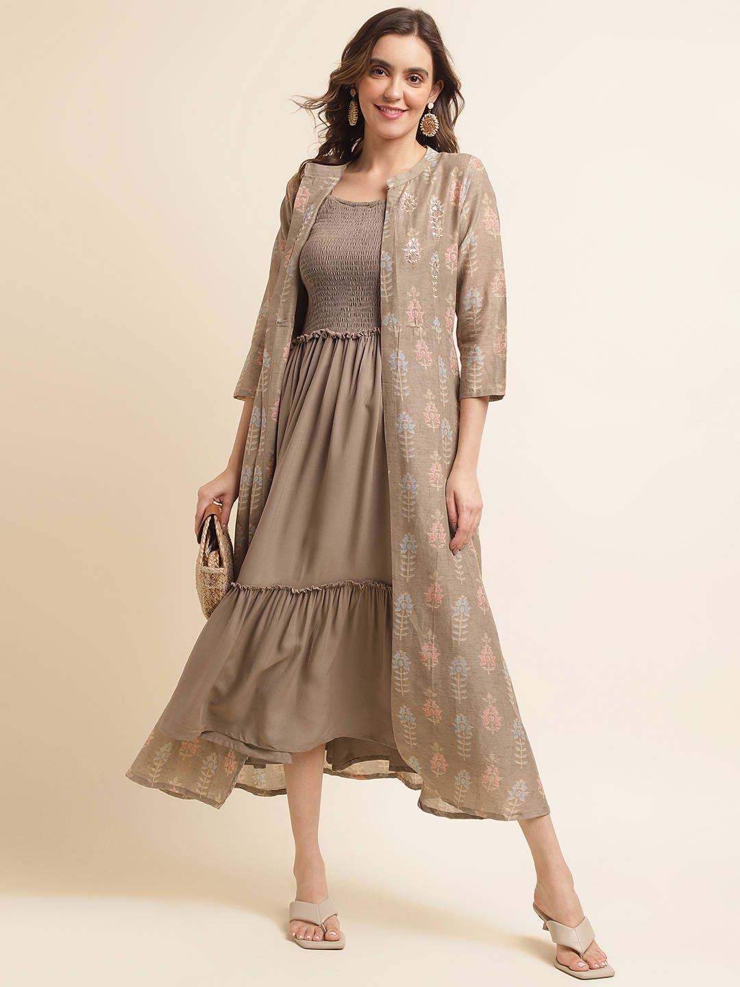 Brown Cotton Flared Dress