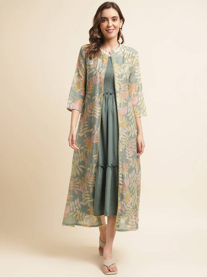 Green Cotton Solid Flared Dress