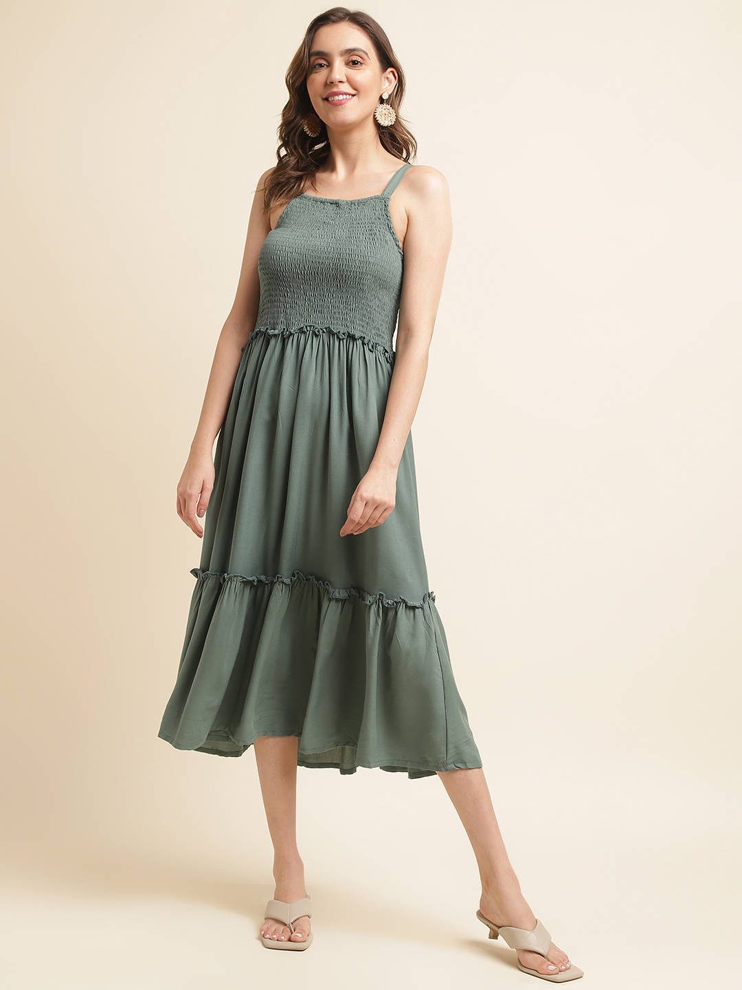 Green Cotton Solid Flared Dress