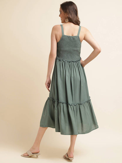 Green Cotton Solid Flared Dress