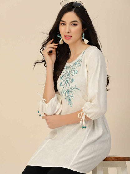 White Poly Rayon Floral Top