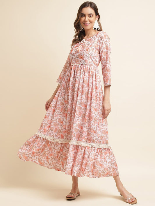 Peach Cotton Floral Print Dress