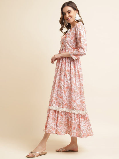 Peach Cotton Floral Print Dress