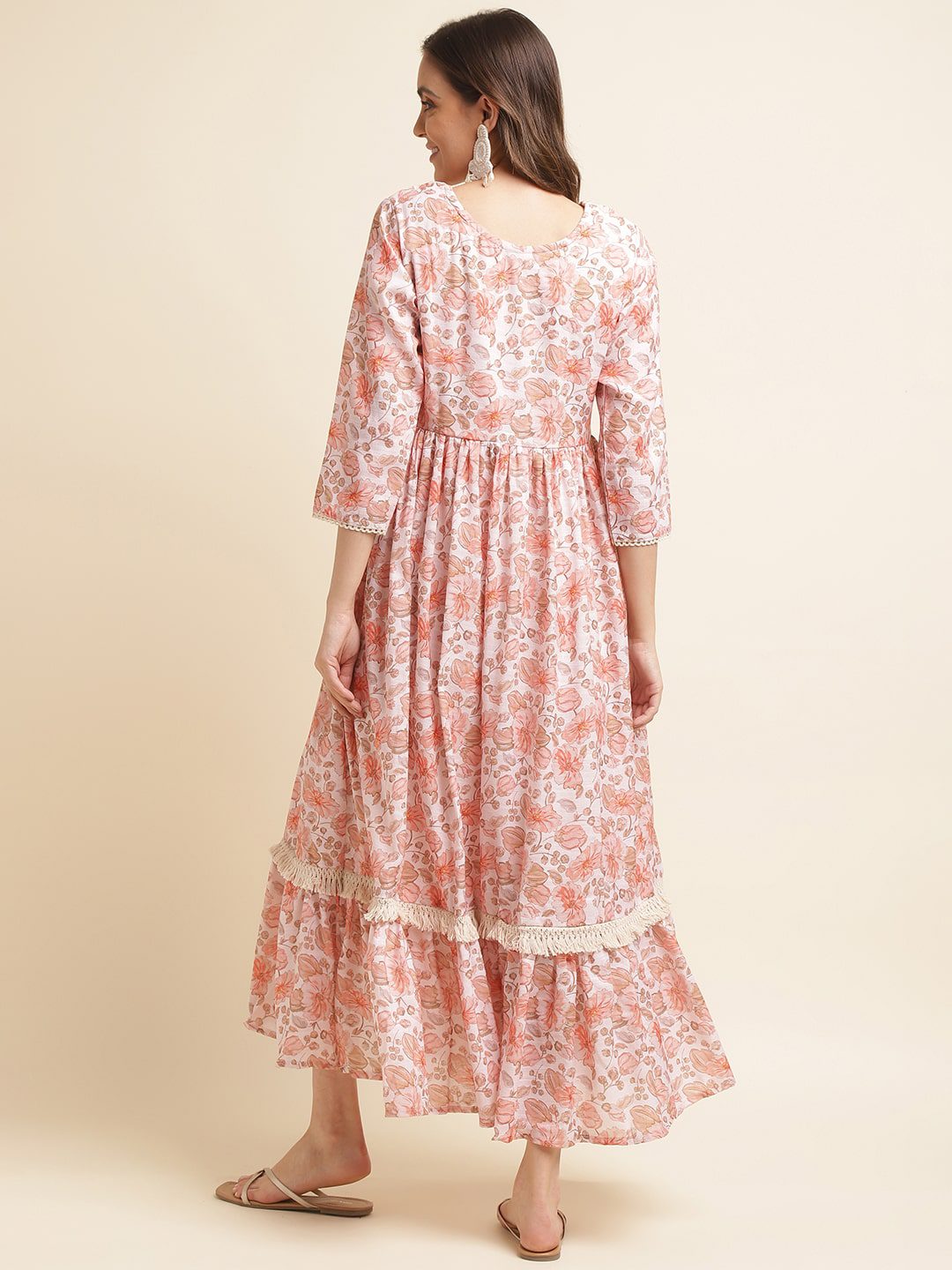 Peach Cotton Floral Print Dress