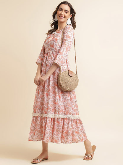 Peach Cotton Floral Print Dress