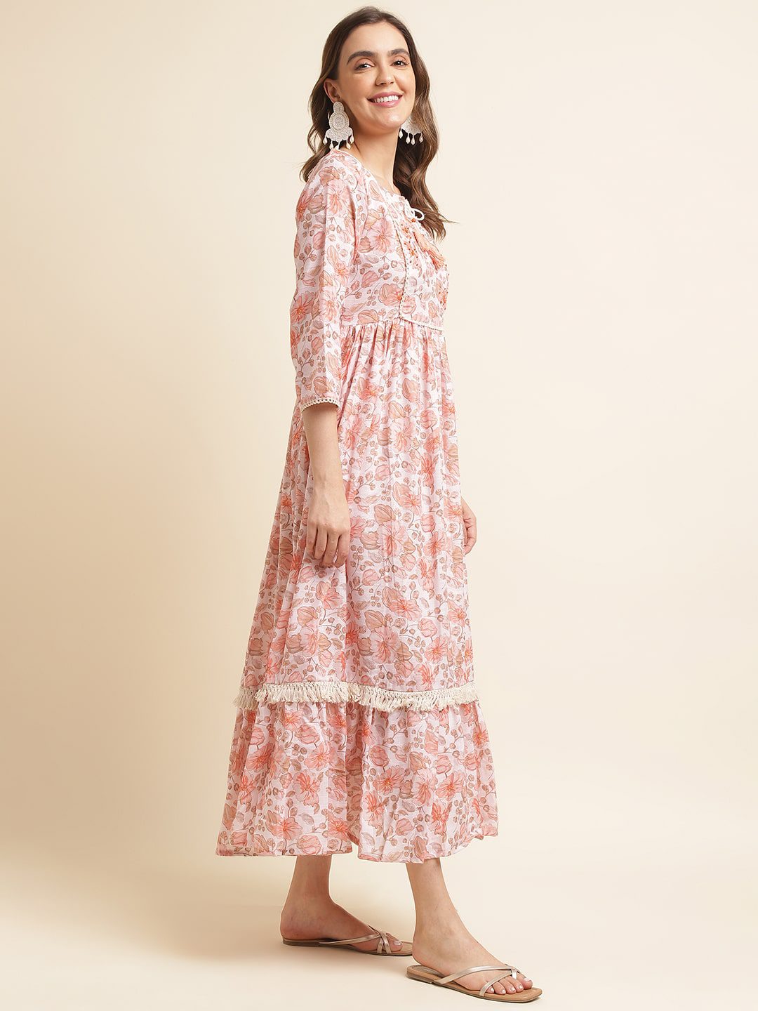 Peach Cotton Floral Print Dress